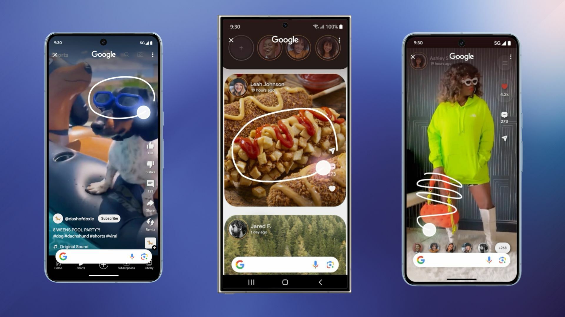 three android screens featuring examples of Google's Circle to Search feature
