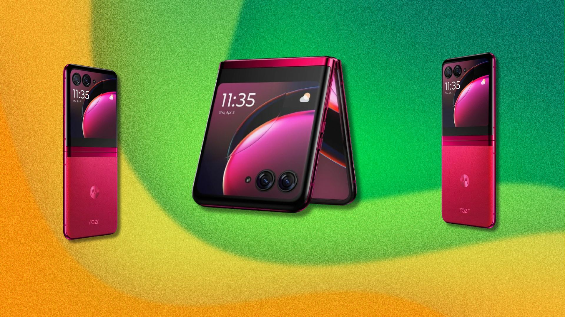 a magenta motorola razr+ phone on a green and yellow background