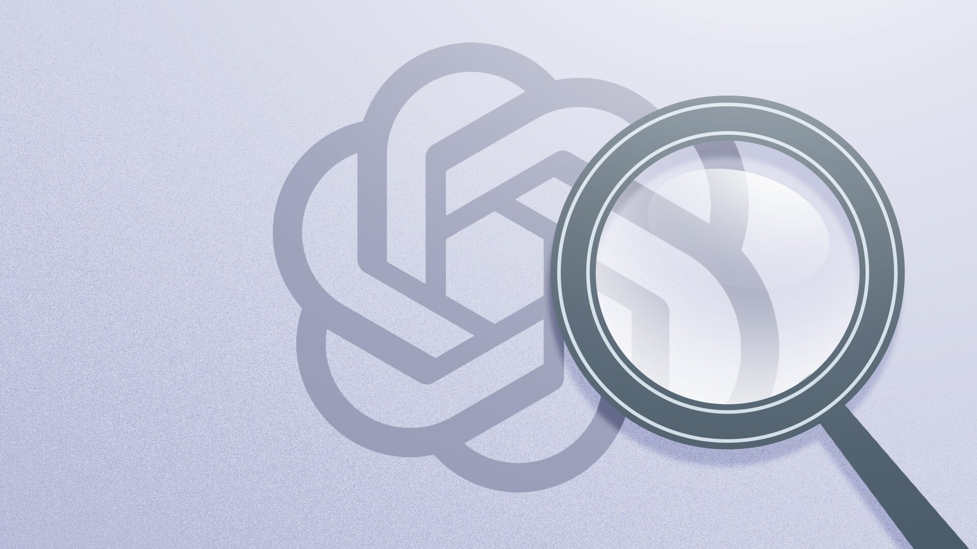 An illustrated magnifying glass hovering over the OpenAI logo.