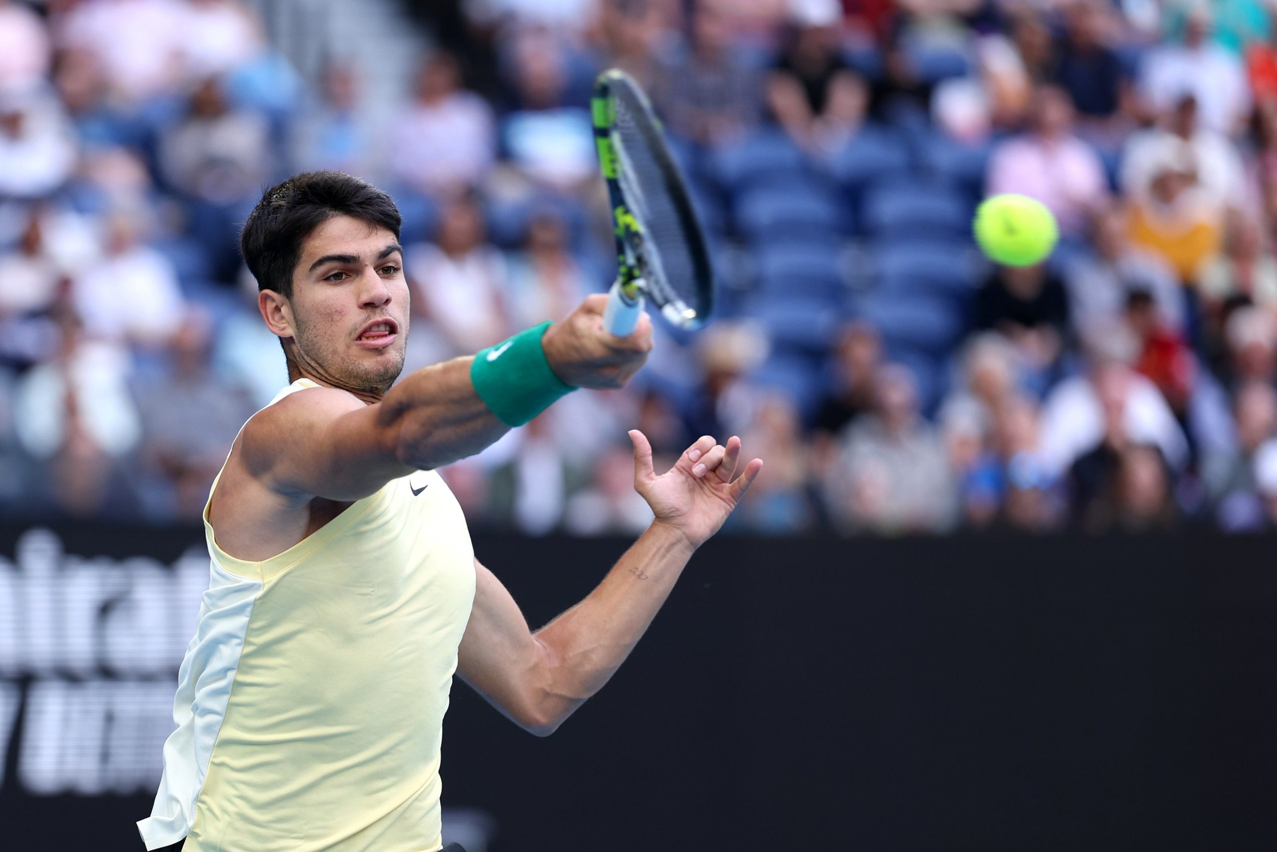 Carlos Alcaraz of Spain plays a forehand