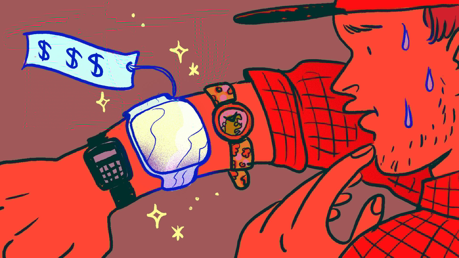 person looking down at apple watch with price tag attached on their wrist 