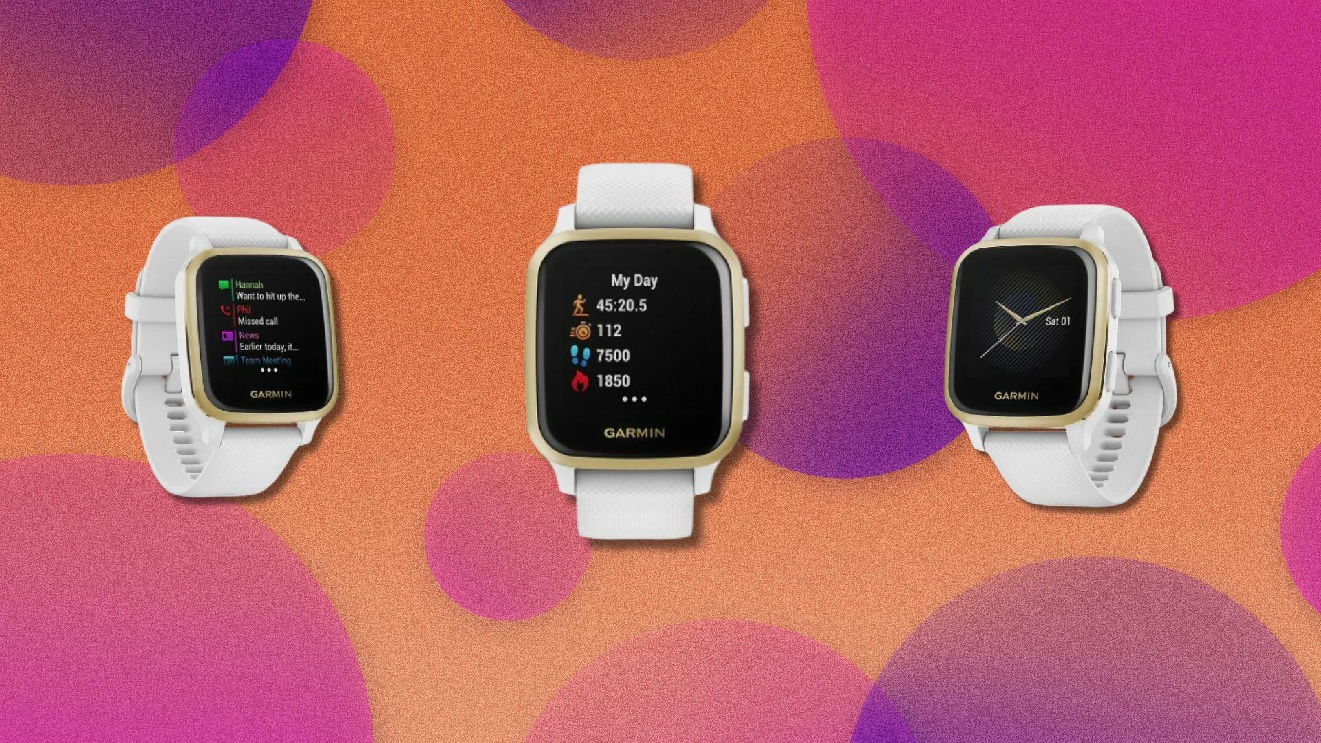three garmin venu sq smartwatches with white bands displayed on a pink, orange, and purple background