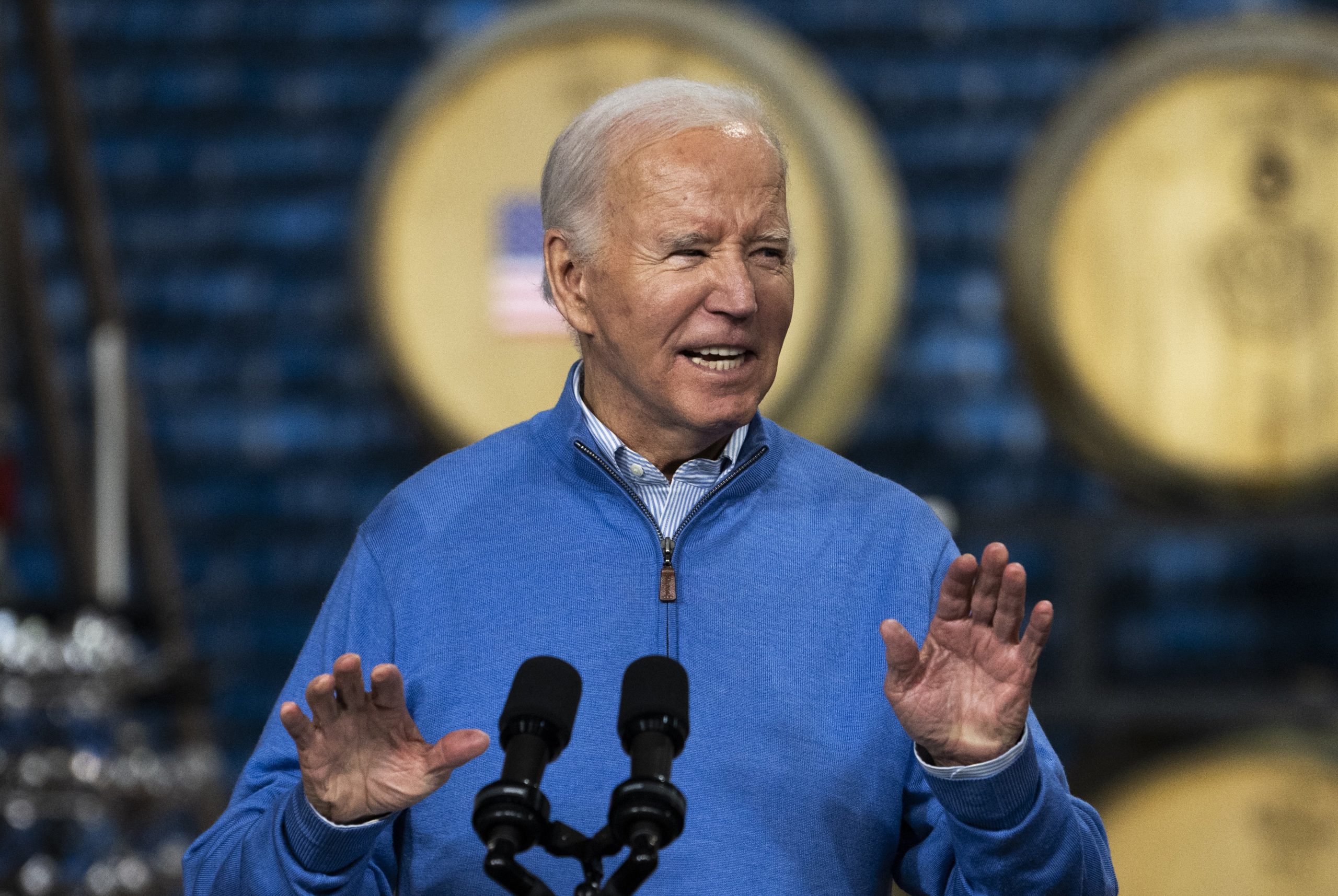 President Joe Biden speaks about funding for the I-535 Blatnik Bridge at Earth Rider Brewery on January 25, 2024