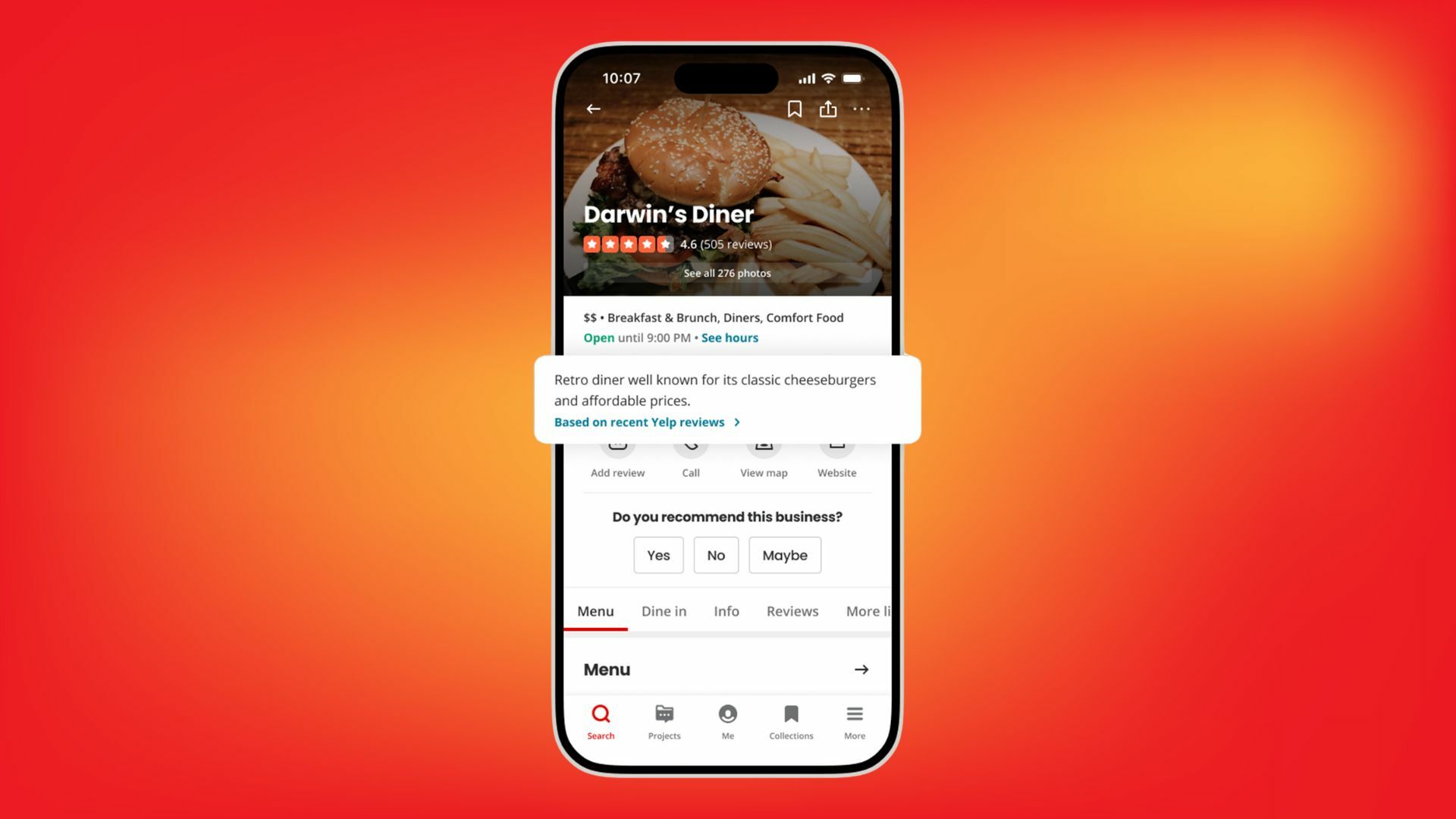 Yelp AI business review summary on a smartphone against an orange abstract background