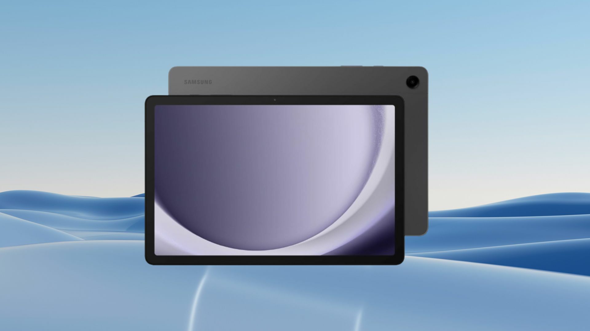 Samsung Galaxy Tab A9+ on a blue abstract background 