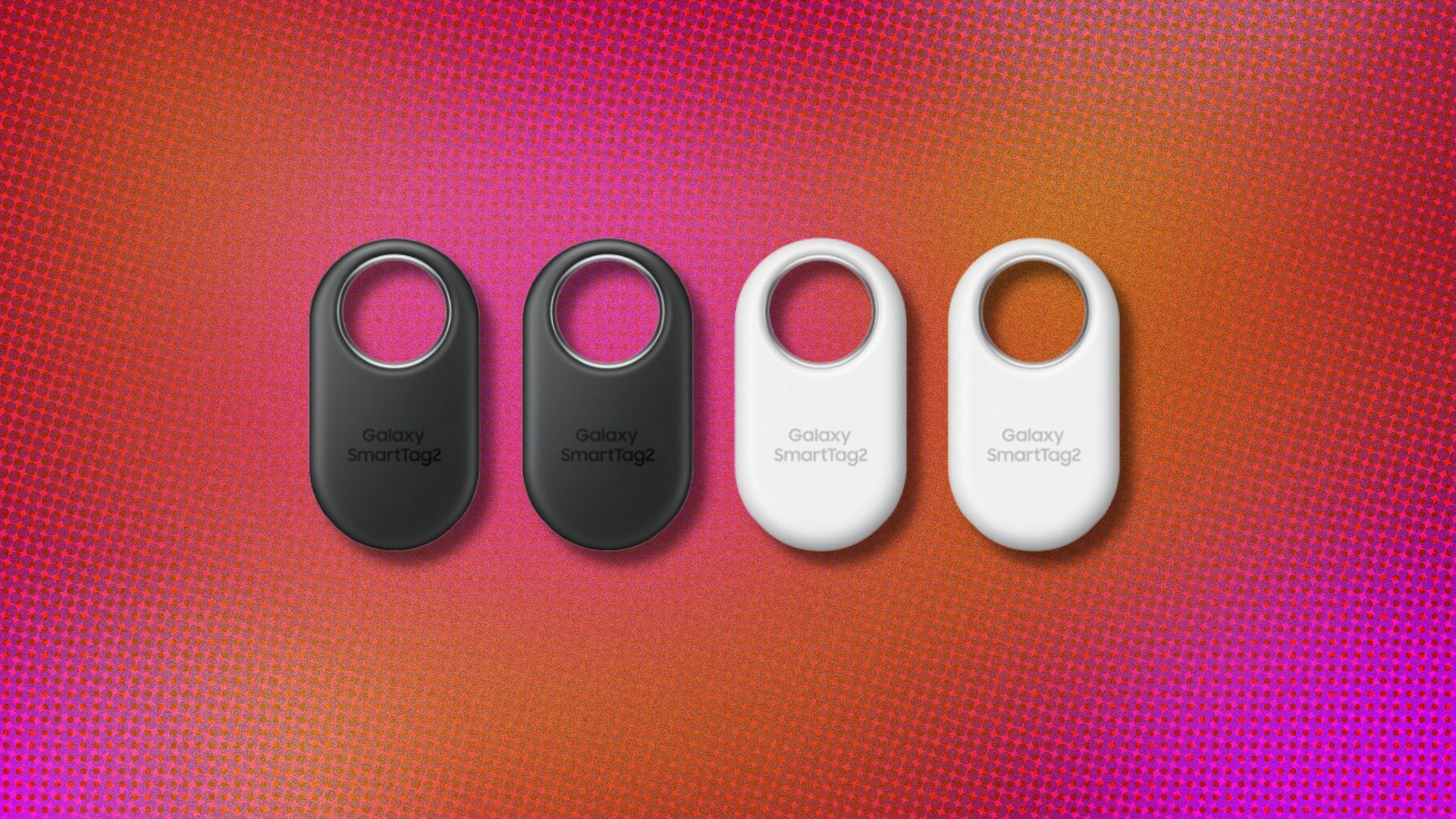 four samsung galaxy smartag2 trackers on a pink and orange background