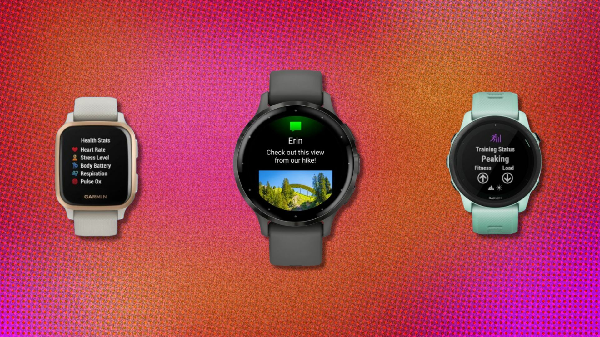 three different garmin watches sit on a pink and orange background displaying different functions of the watches