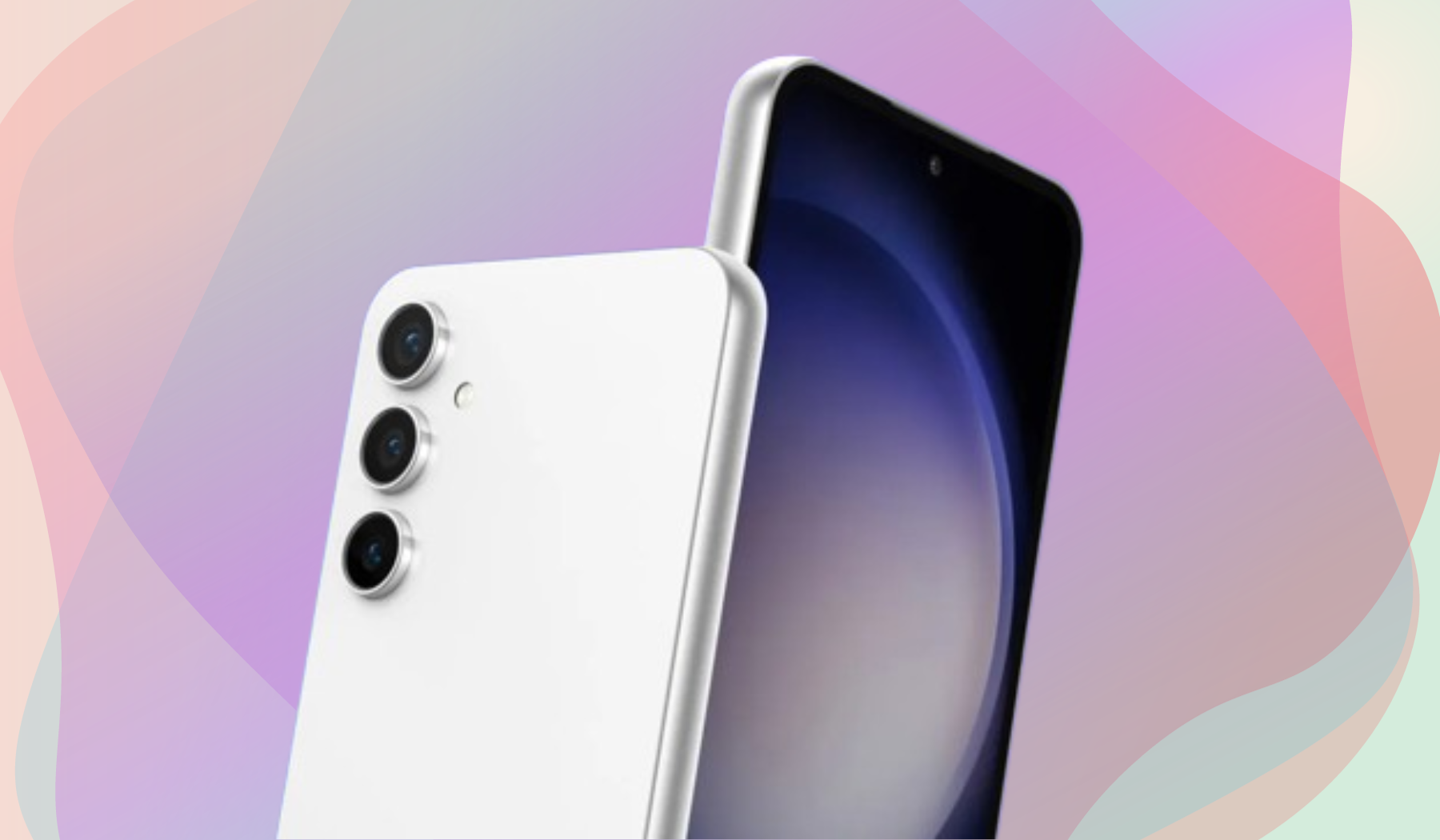 Front and back view of Samsung Galaxy S23 FE smartphone on pastel abstract background