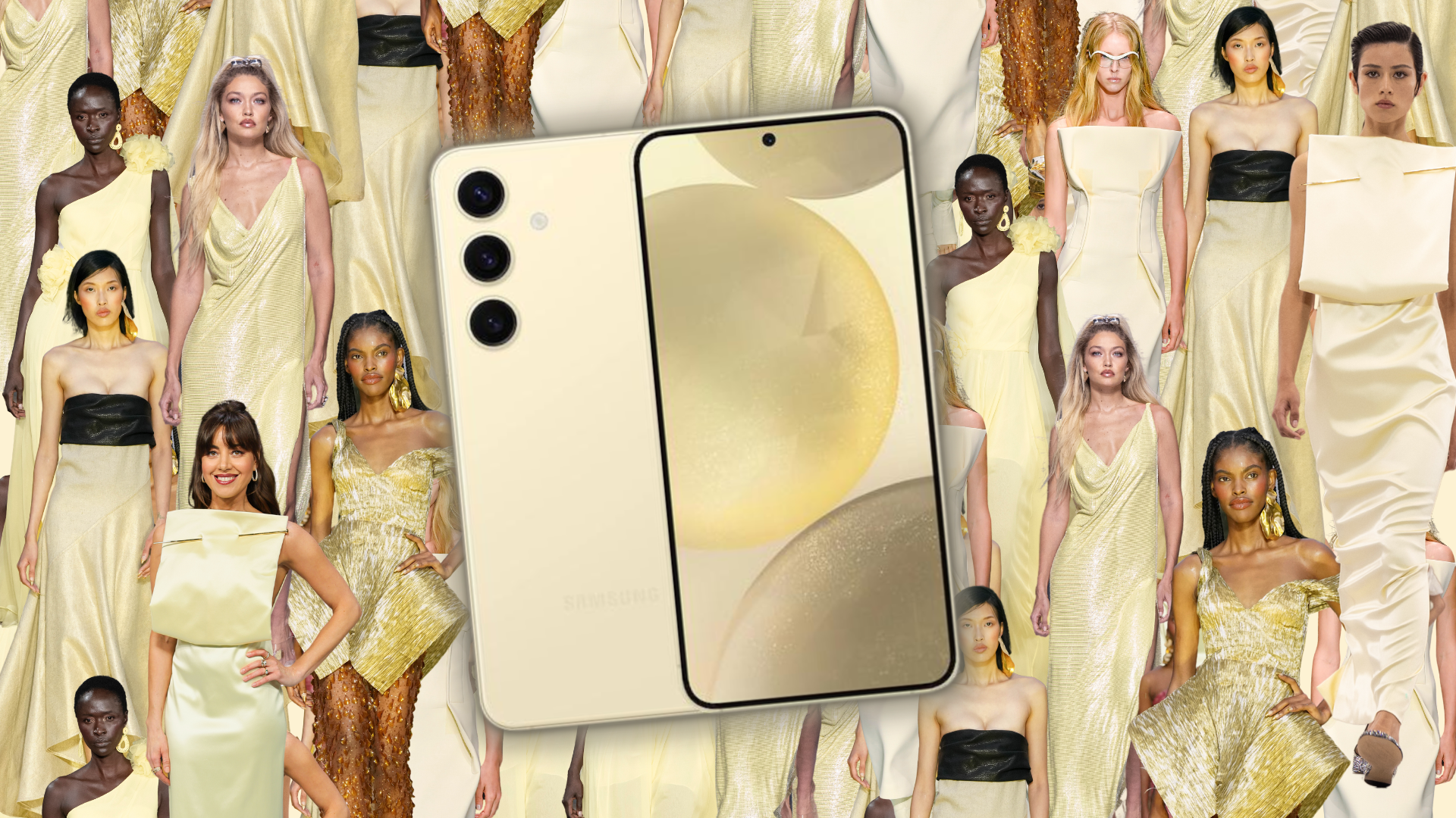A collage of models in yellow garments. The Samsung S23 Ultra is superimposed on top of the collage.