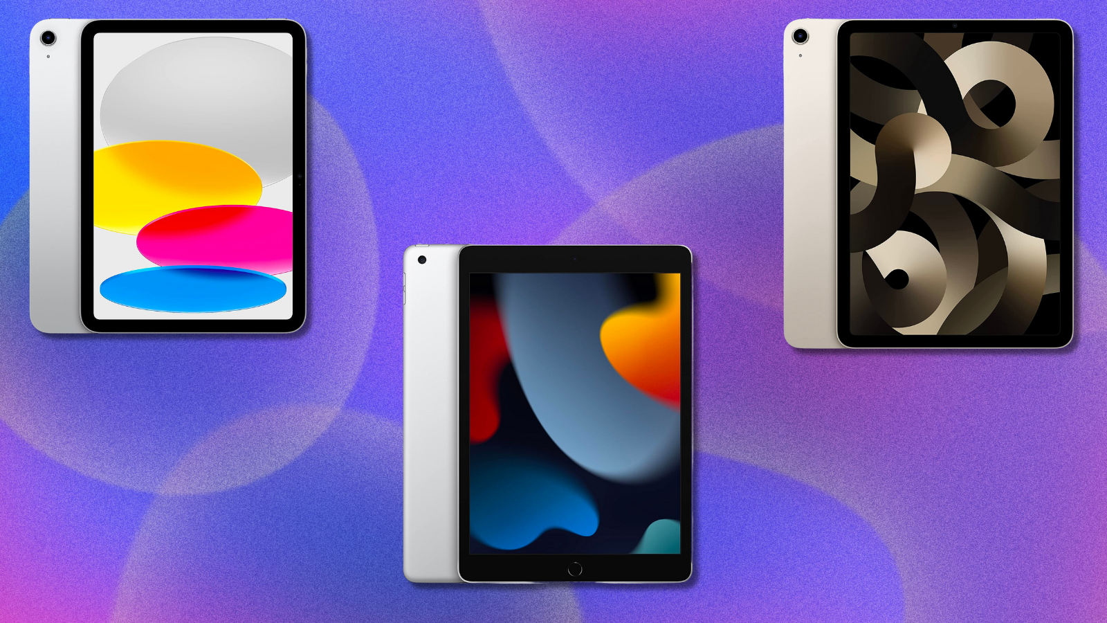 Three iPad models on purple abstract background