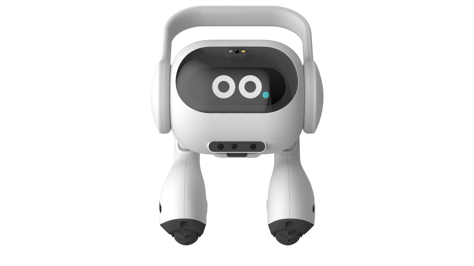 white LG AI agent robot that has two legs and a face with big round eyes