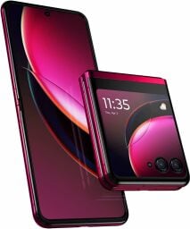 a magenta motorola razr+ phone on a white background