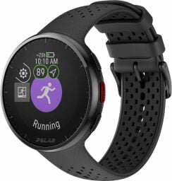 a grey-black Polar pacer pro running watch on a white background