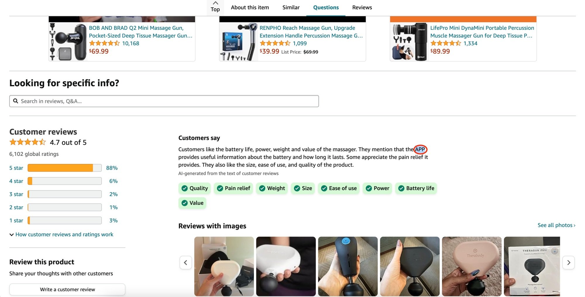 AI-generated product review summary writing the word "app" in all caps
