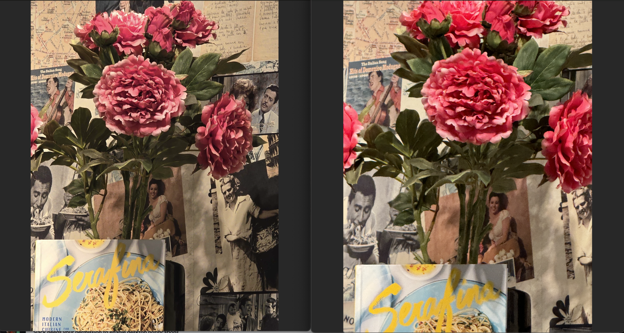 Flowers inside a pizzeria