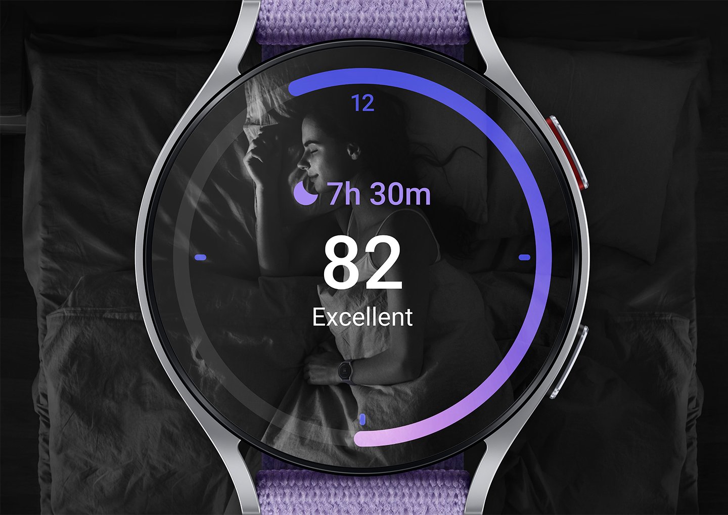 A Galaxy Watch sleep tracking screen overlaid on top of a sleeping woman.