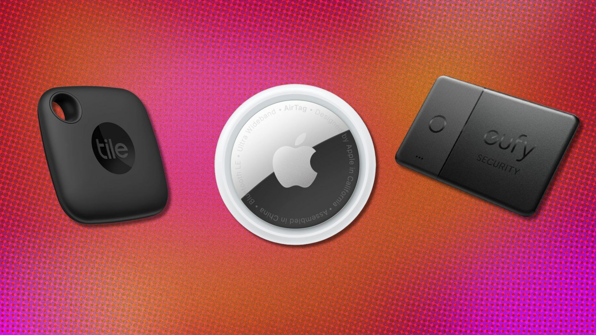 three bluetooth trackers on a pink and orange background