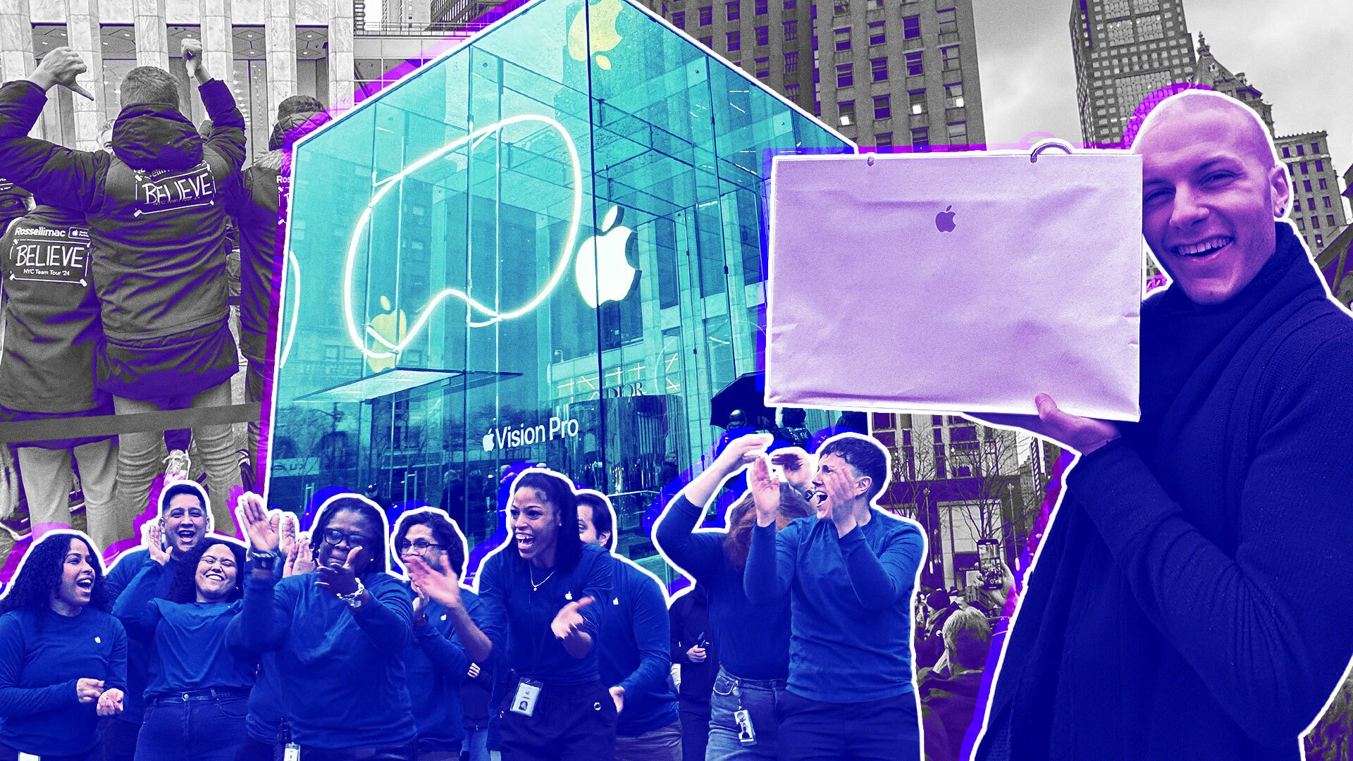 Collage of photos of Apple employees, the 5th Avenue Apple store roof, and buyers of the Apple Vision Pro