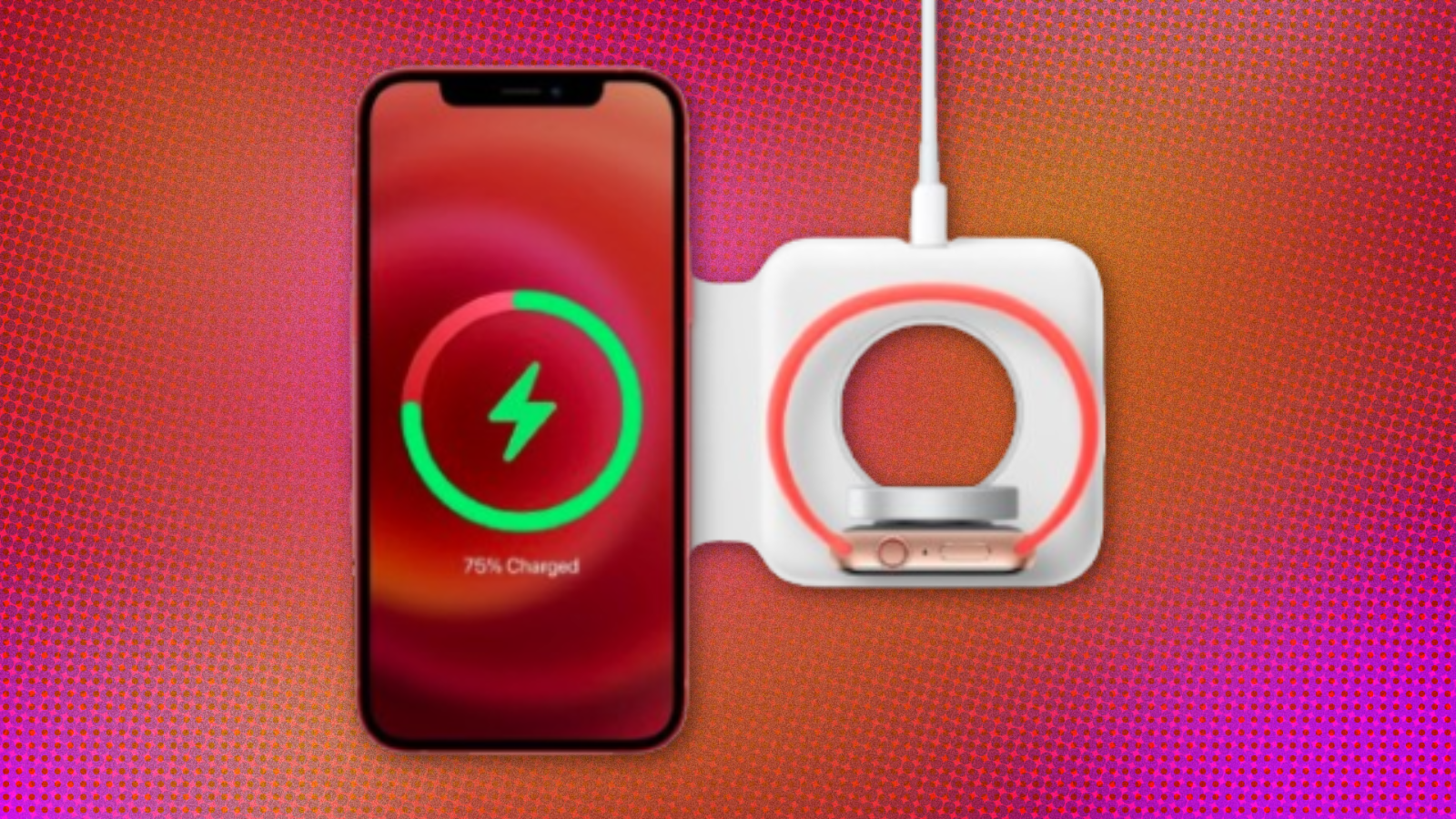 apple's magsafe duo charger charging an iphone and an apple watch against a red and orange abstract background