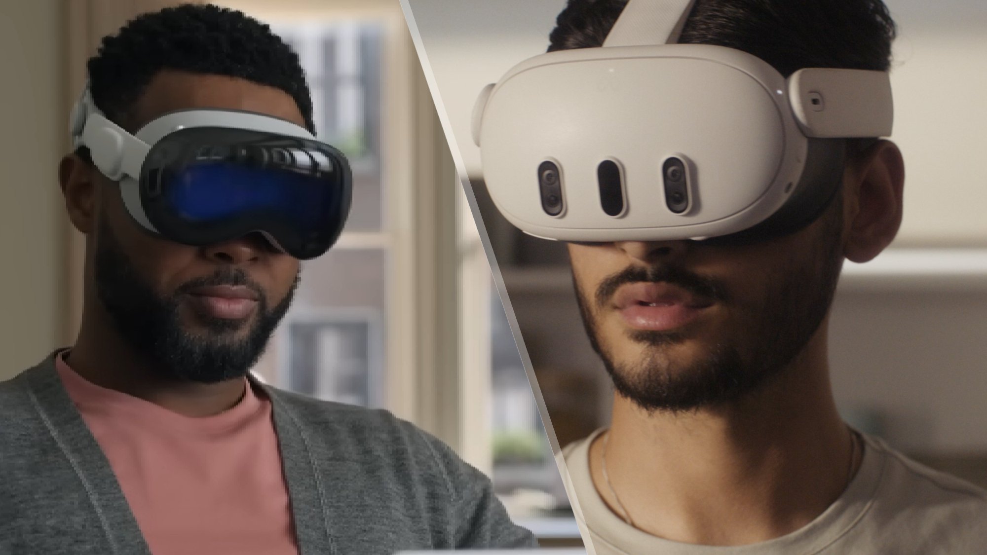 Men wearing Apple Vision Pro and Meta Quest 3 headsets