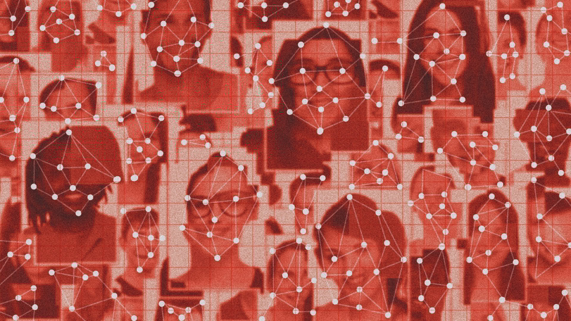 An illustration of digitized faces stylized to look the way a computer might see them