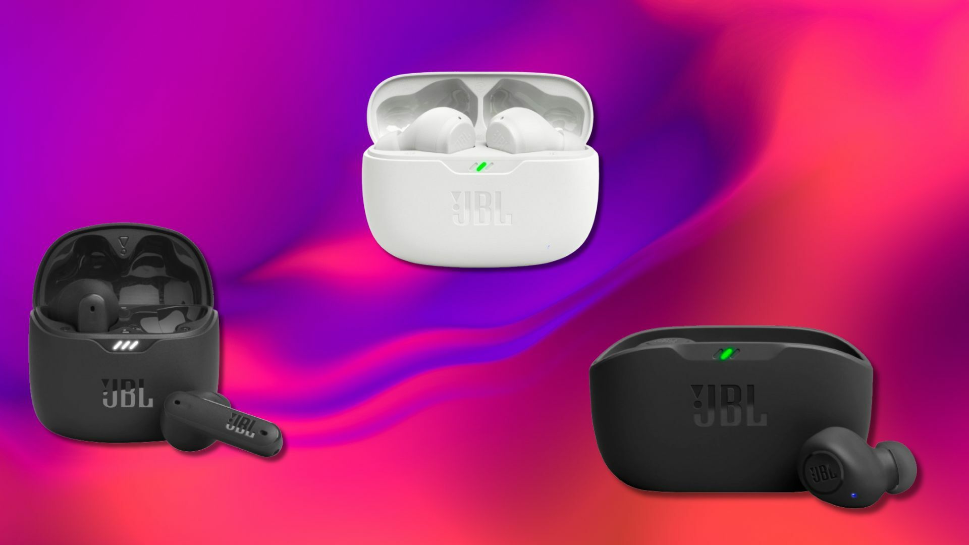 JBL earbuds and charging cases on an abstract background 