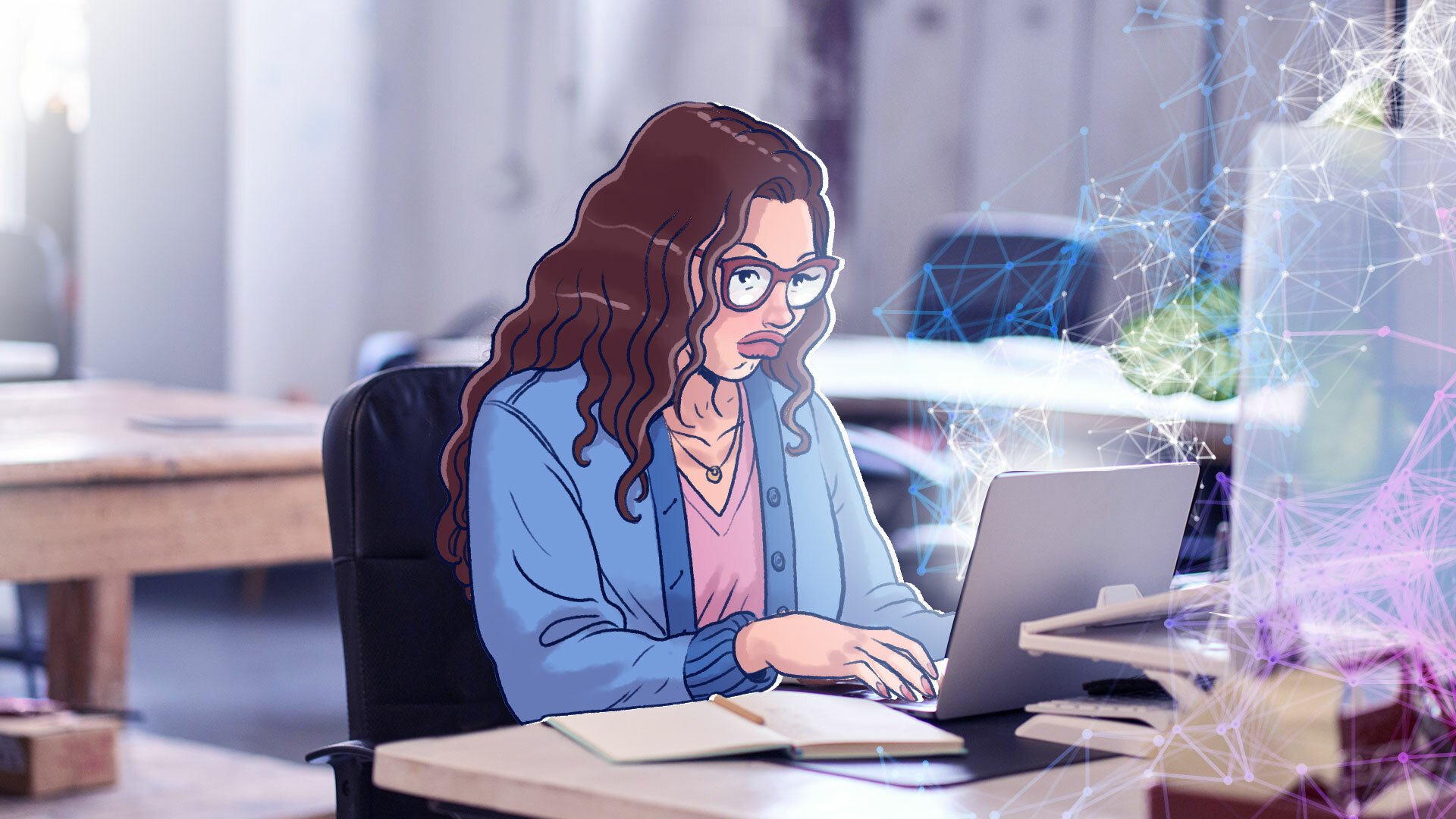 An illustrated woman typing at a laptop overlaid on a real photo of an office. 