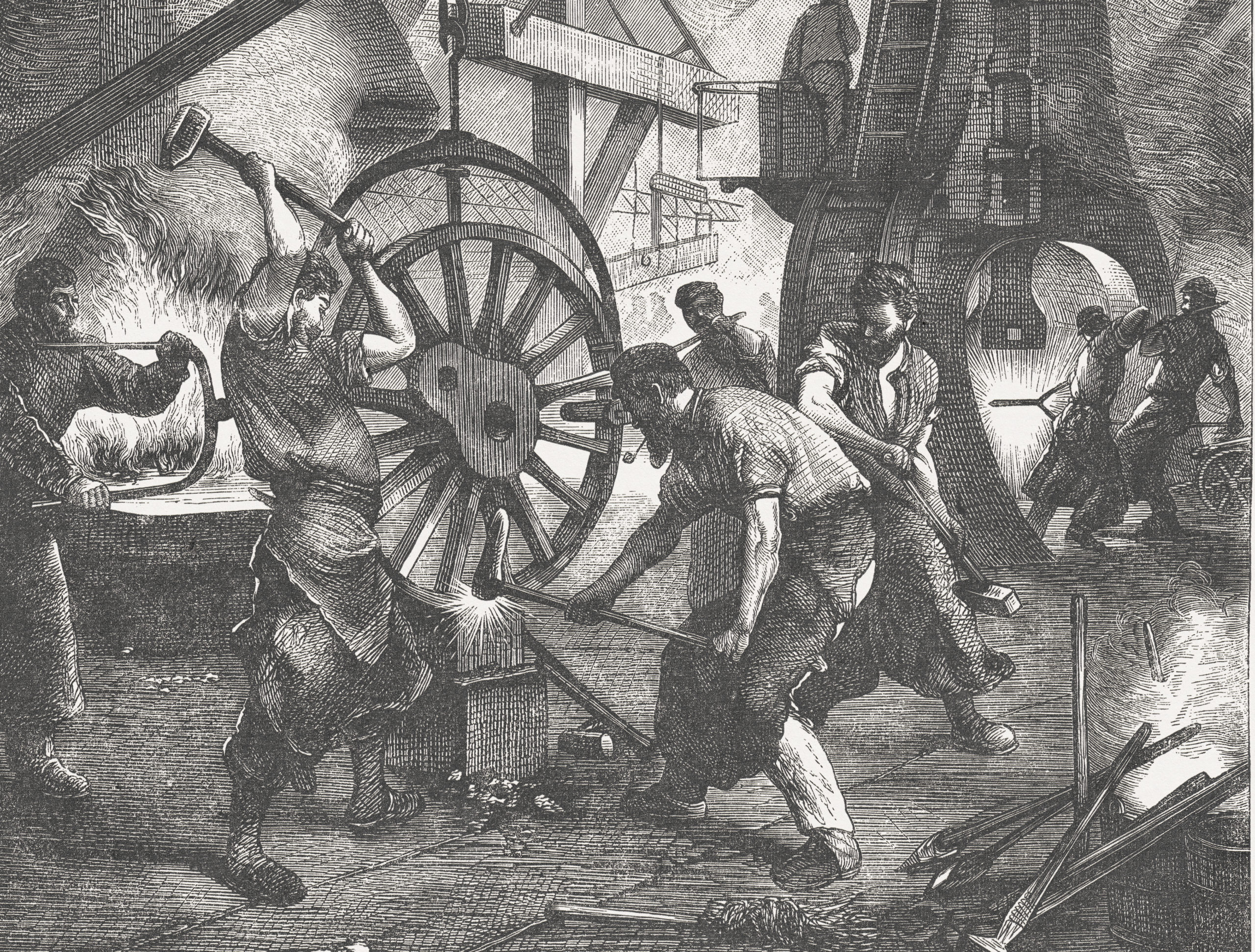 Industrial revolution workers using hammers