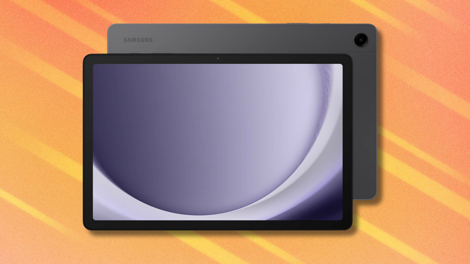 Samsung Galaxy Tab A9+ on orange and white striped dynamic background
