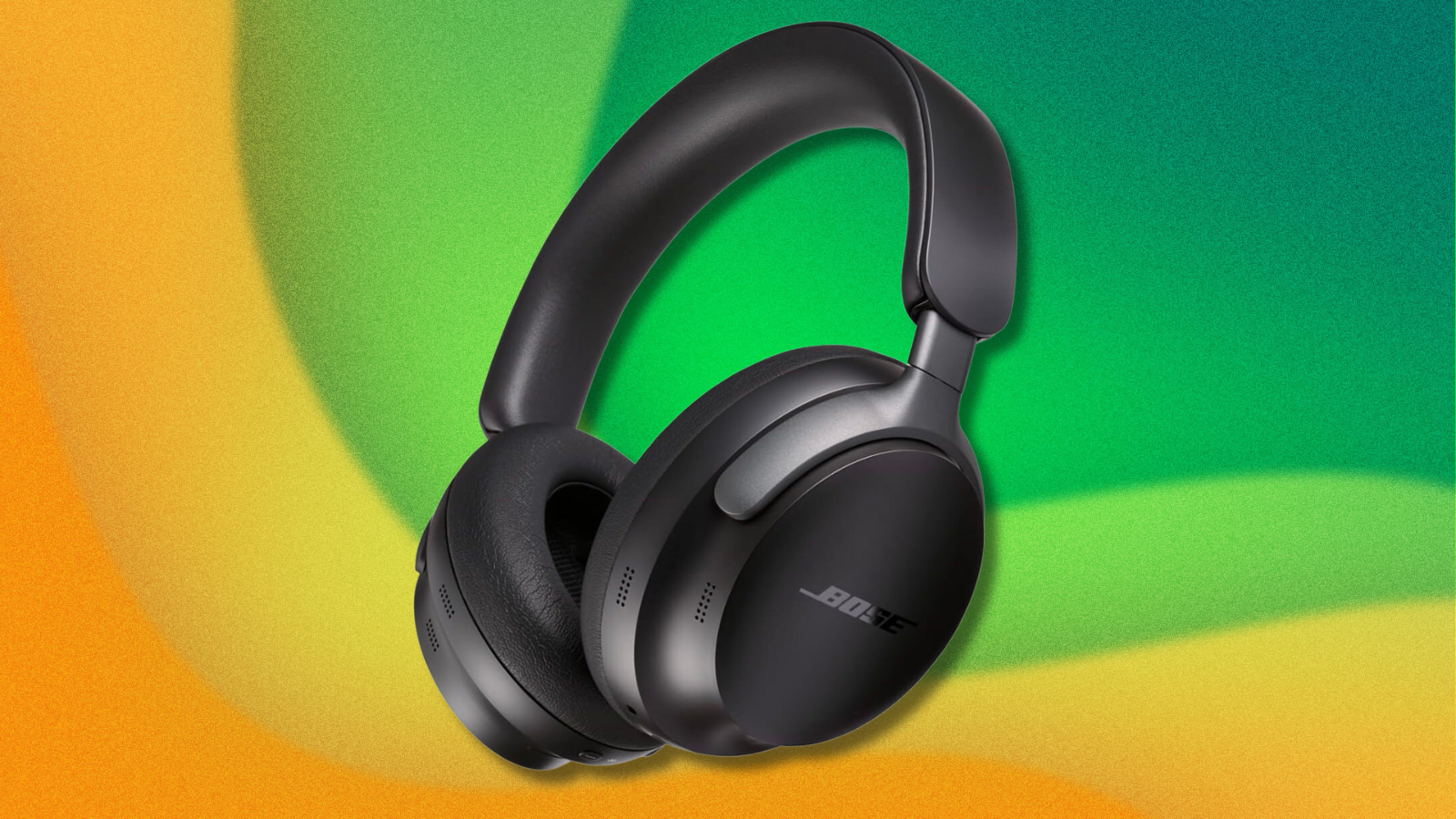 Bose QuietComfort Ultra headphones on green and yellow abstract headphones