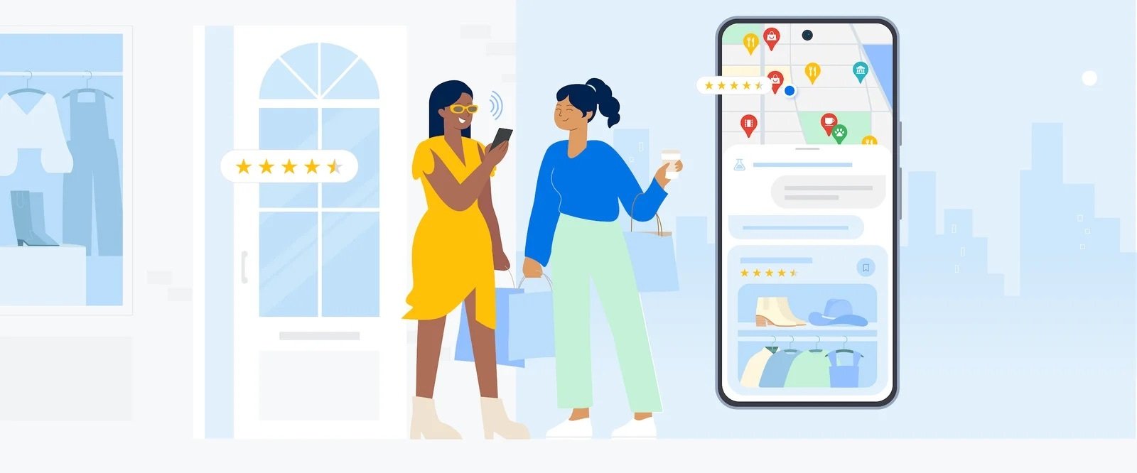 An animated image of two women talking next to a smartphone screen showing the new Google Maps AI feature