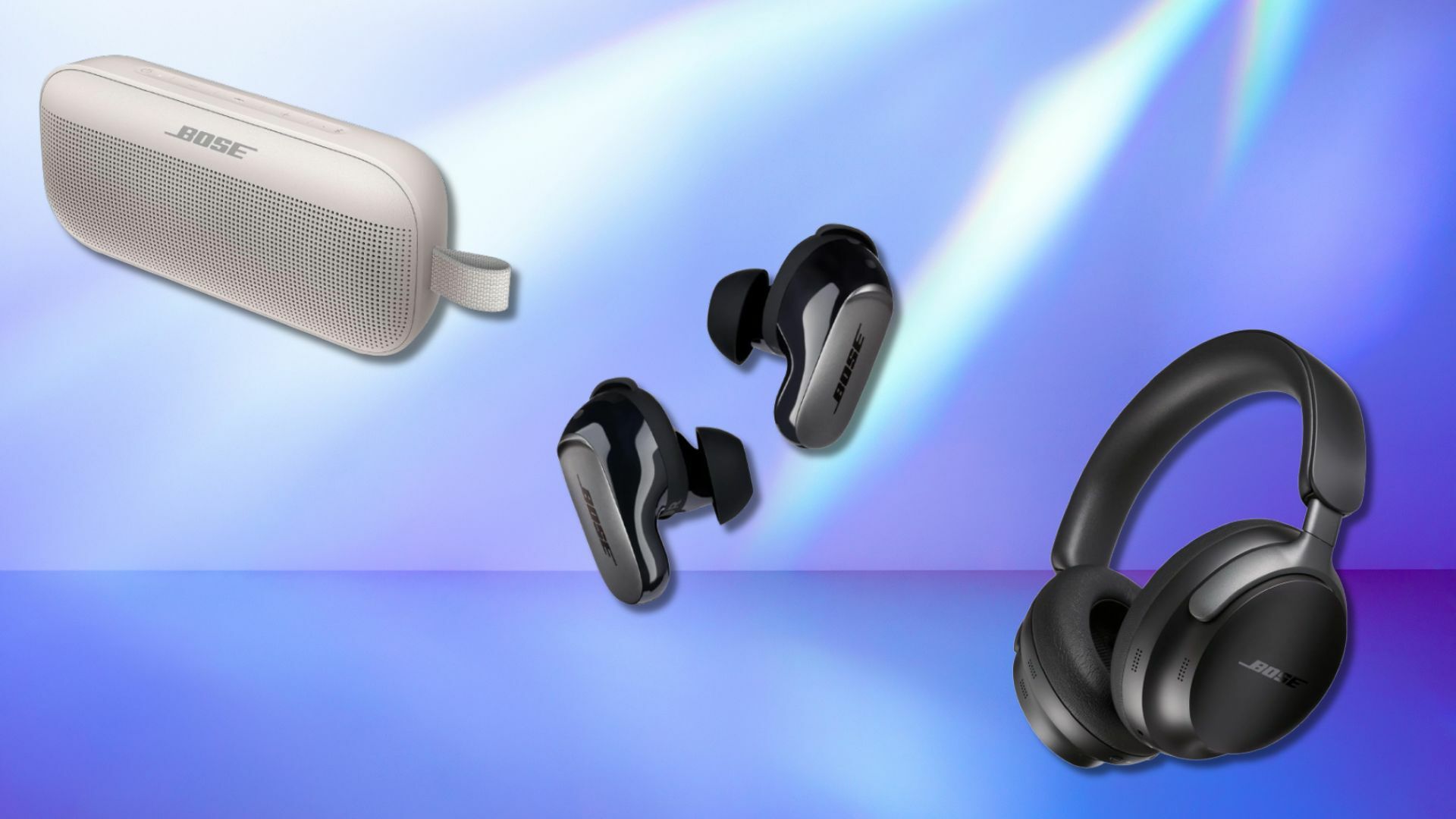 Bose speaker, earbuds, and headphones on an abstract background 