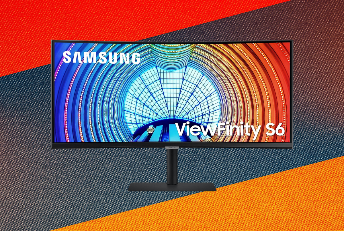 samsung monitor against a colorful background