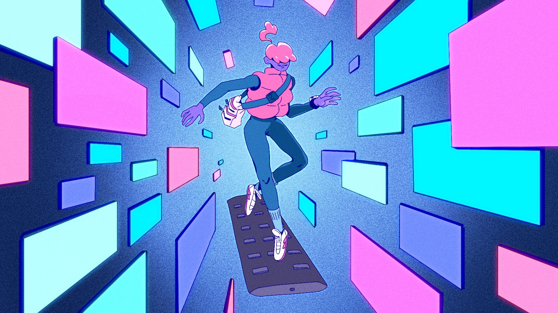 Blue, pink, and purple illustration of person surfing on a TV remote with TVs flying past in air
