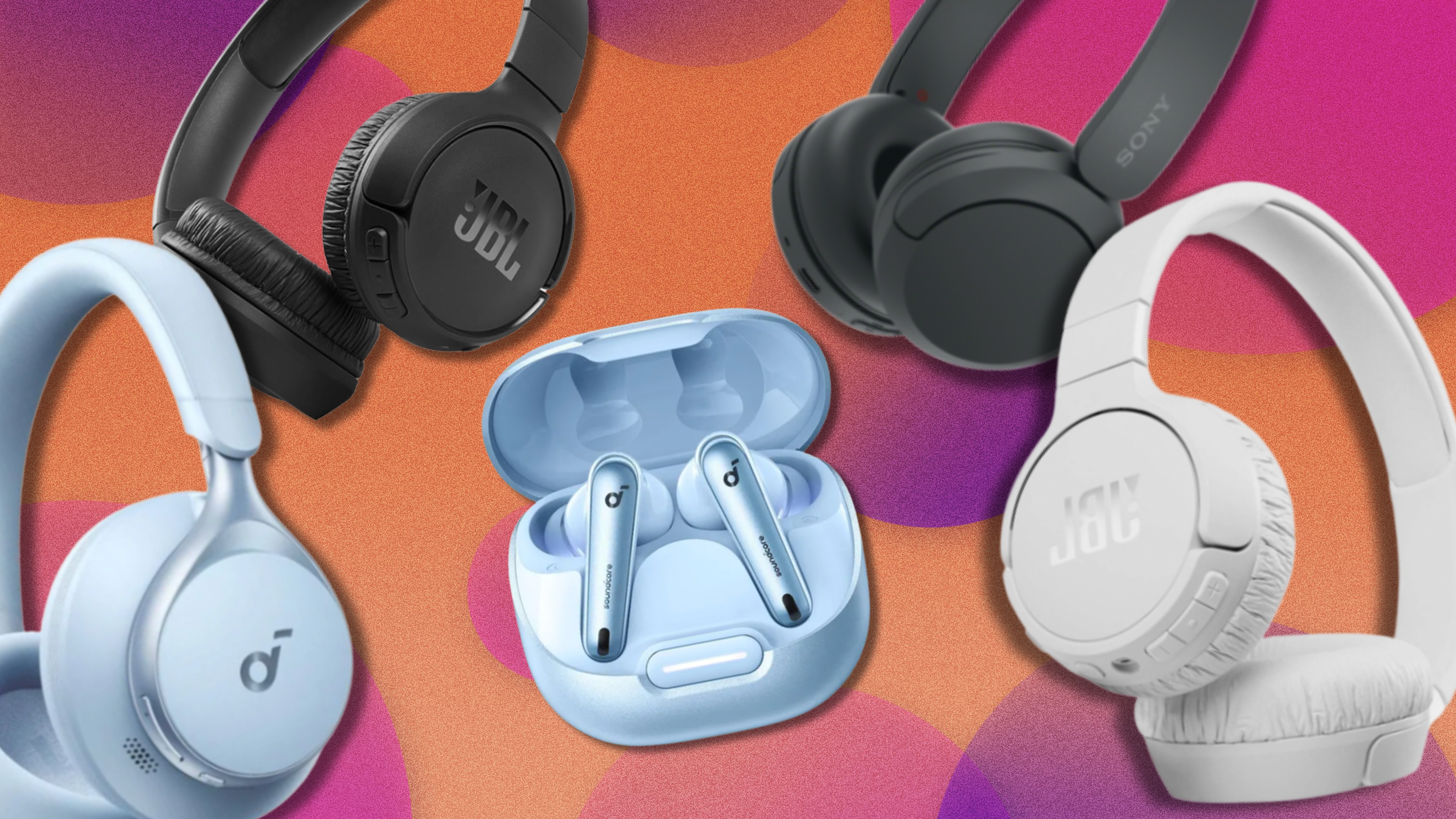 Wireless headphones from JBL, Sony, and Soundcore on orange background