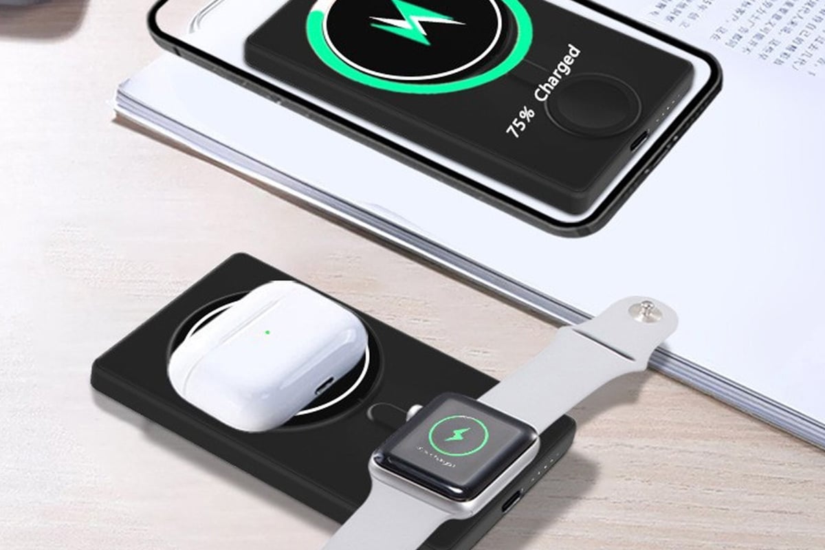 chargers on desk with Apple products