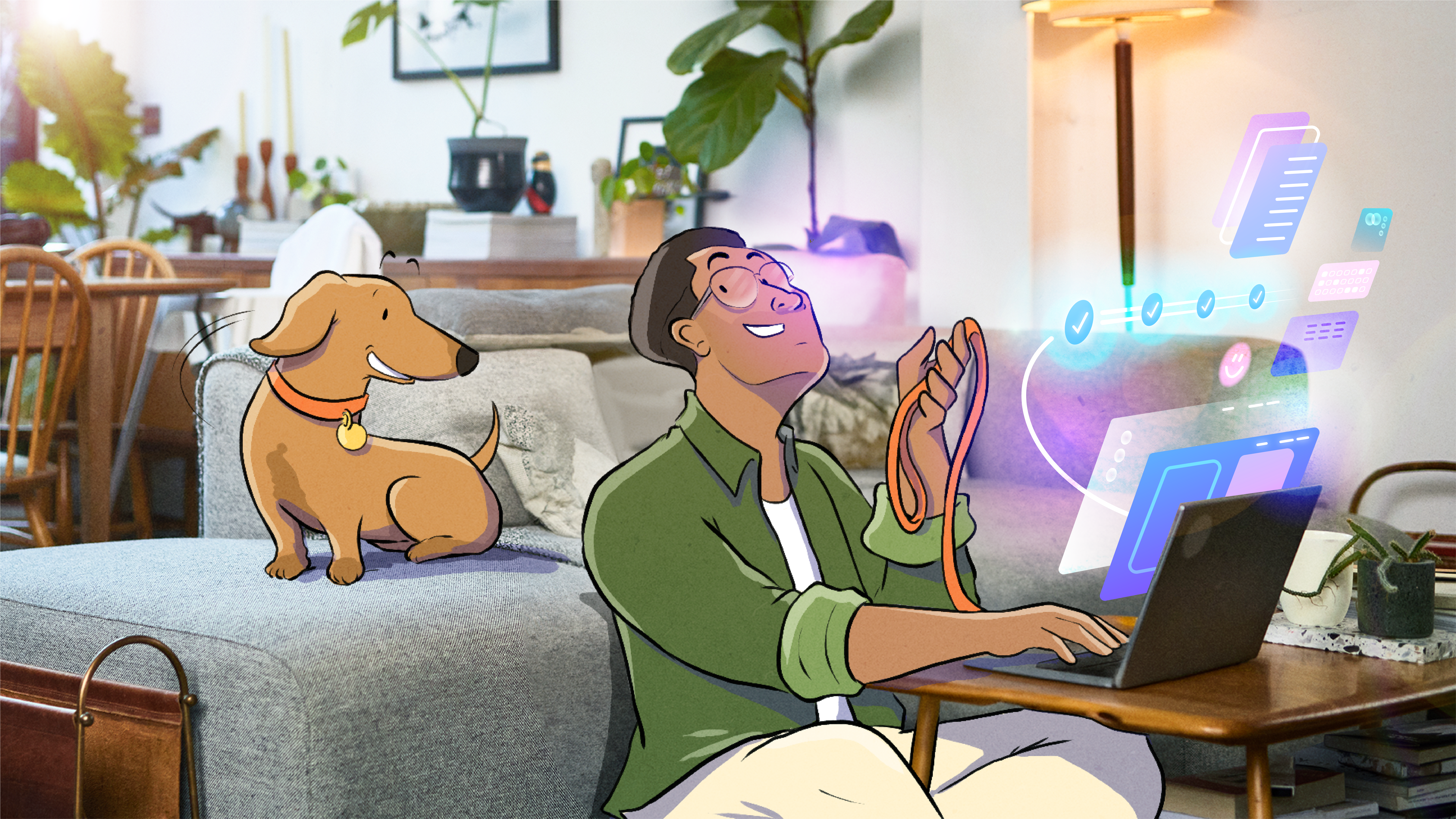 An illustration of a man using futuristic displays on an otherwise normal-looking laptop.