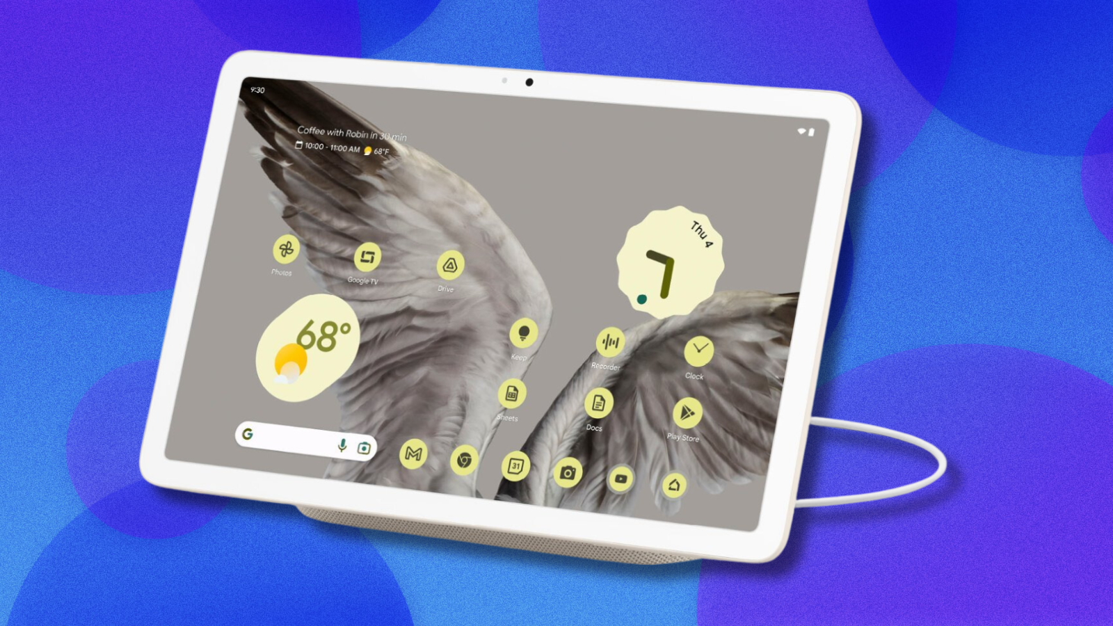 Google Pixel Tablet on purple and blue abstract background