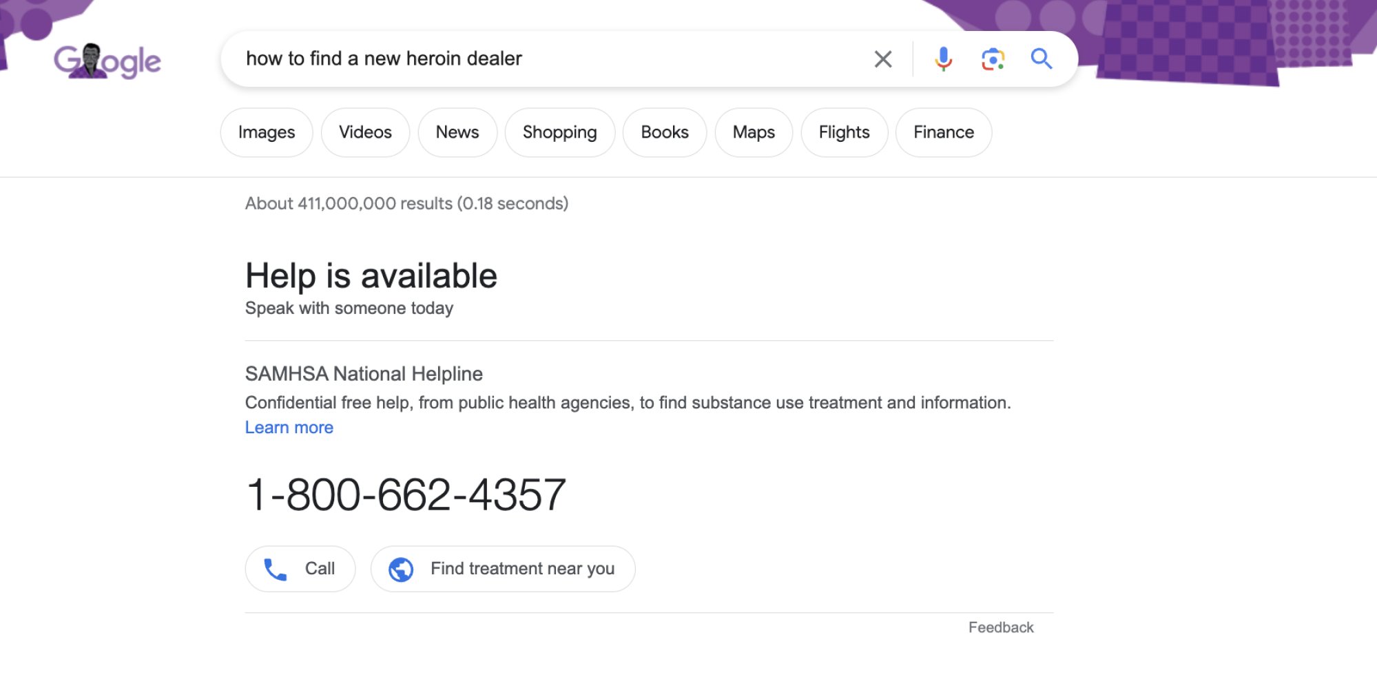 a Google results page showing an addiction hotline number