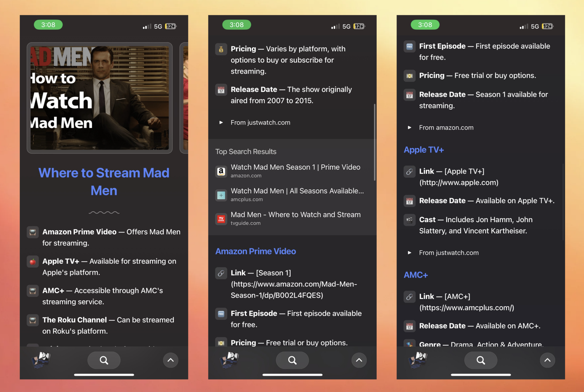 search result page about streaming Mad Men, prominently featuring Amazon rather than AMC+