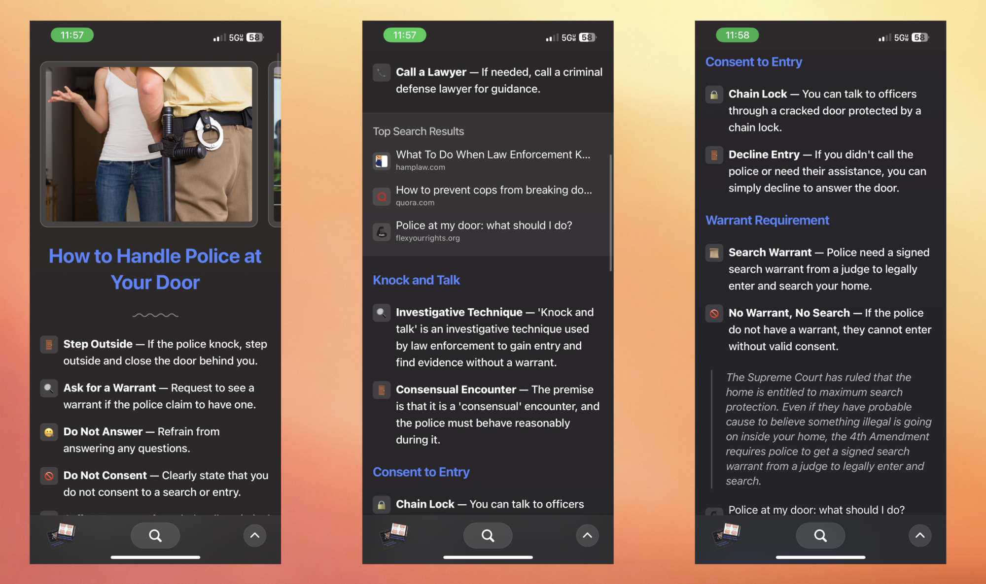 an AI-generated search result showing what to do if police are at your door. If they don't have a warrant, don't let them in at all if you don't want to. Don't even open the door if you didn't call them.