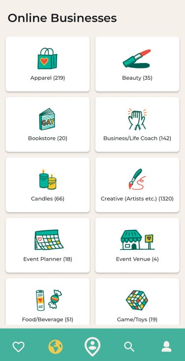 A screenshot of the online businesses tab showing ten of the 26 categories.