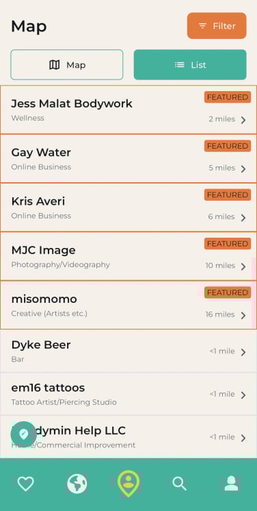 A screenshot of mapped businesses, with five business listings sporting an orange "featured" badge.