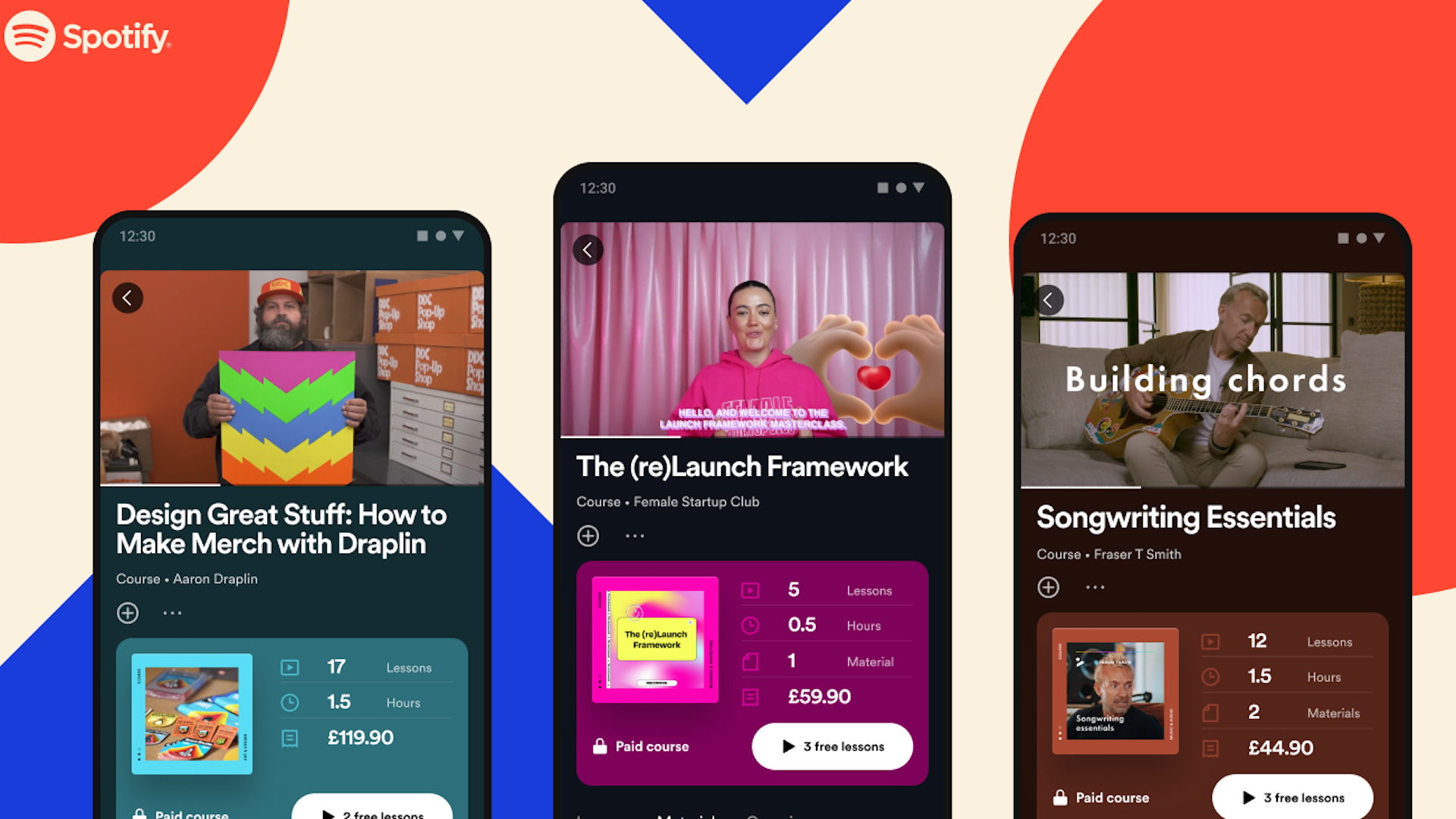 A promo shot for Spotify's online video learning showing three phones with videos playing.