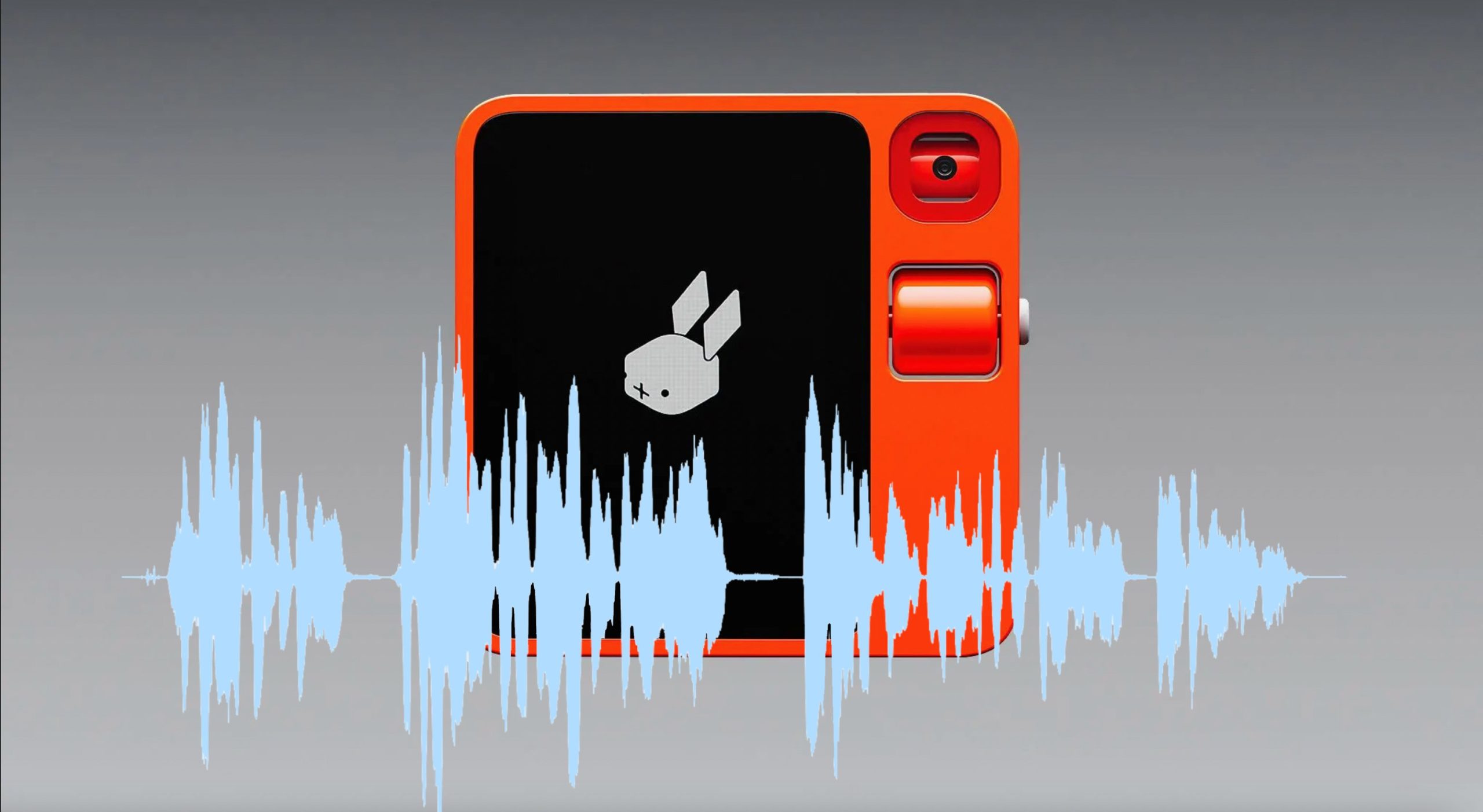 Rabbit R1 with audio waveform superimposed on it