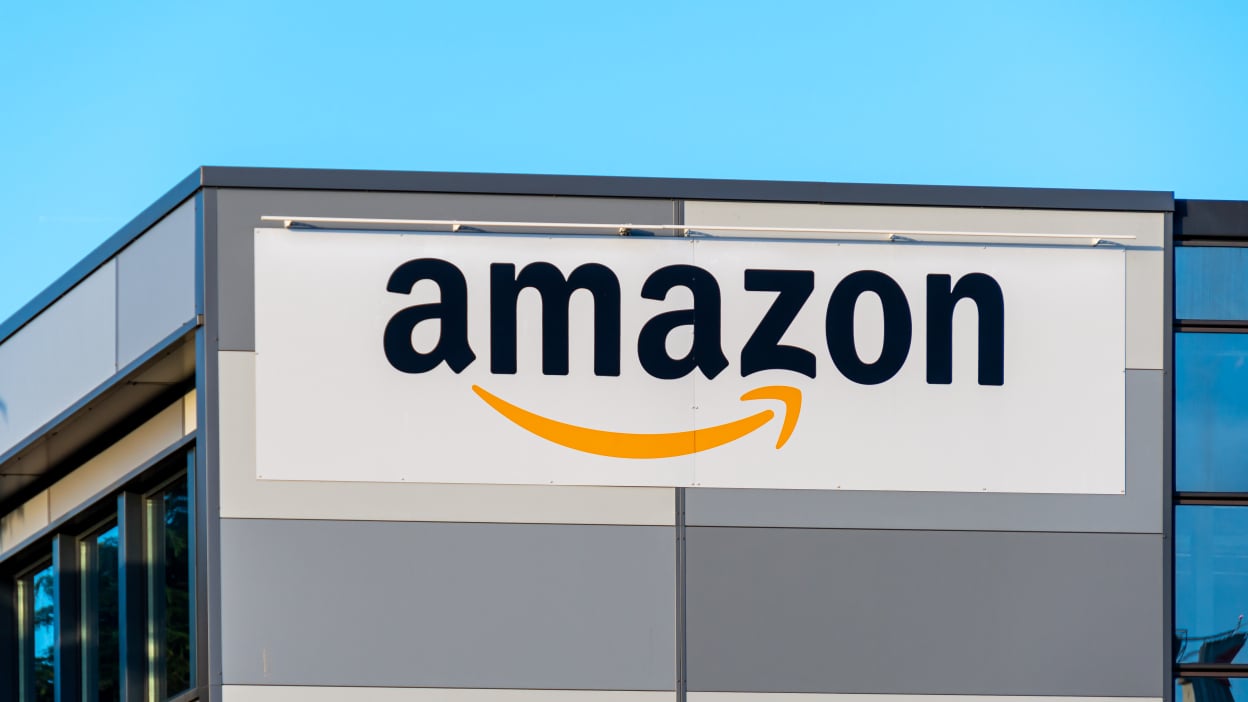 Amazon logo on a warehouse.
