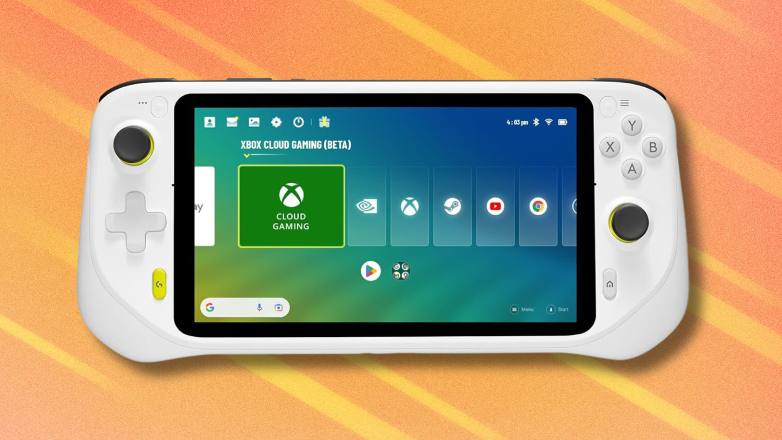 Logitech G Cloud handheld gaming console on orange and white abstract background