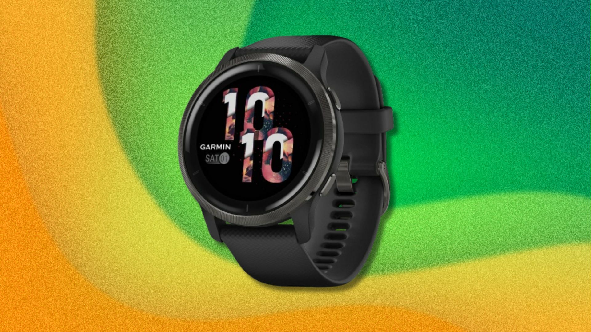 a garmin venu 2 watch on a background that's wavy and green, yellow, and orange