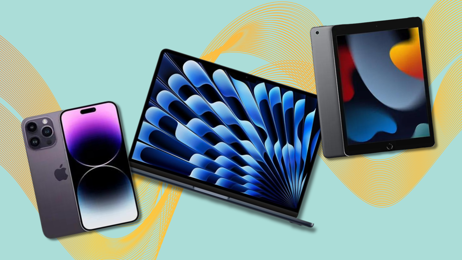 iPhone, MacBook, and Ipad with teal and yellow background