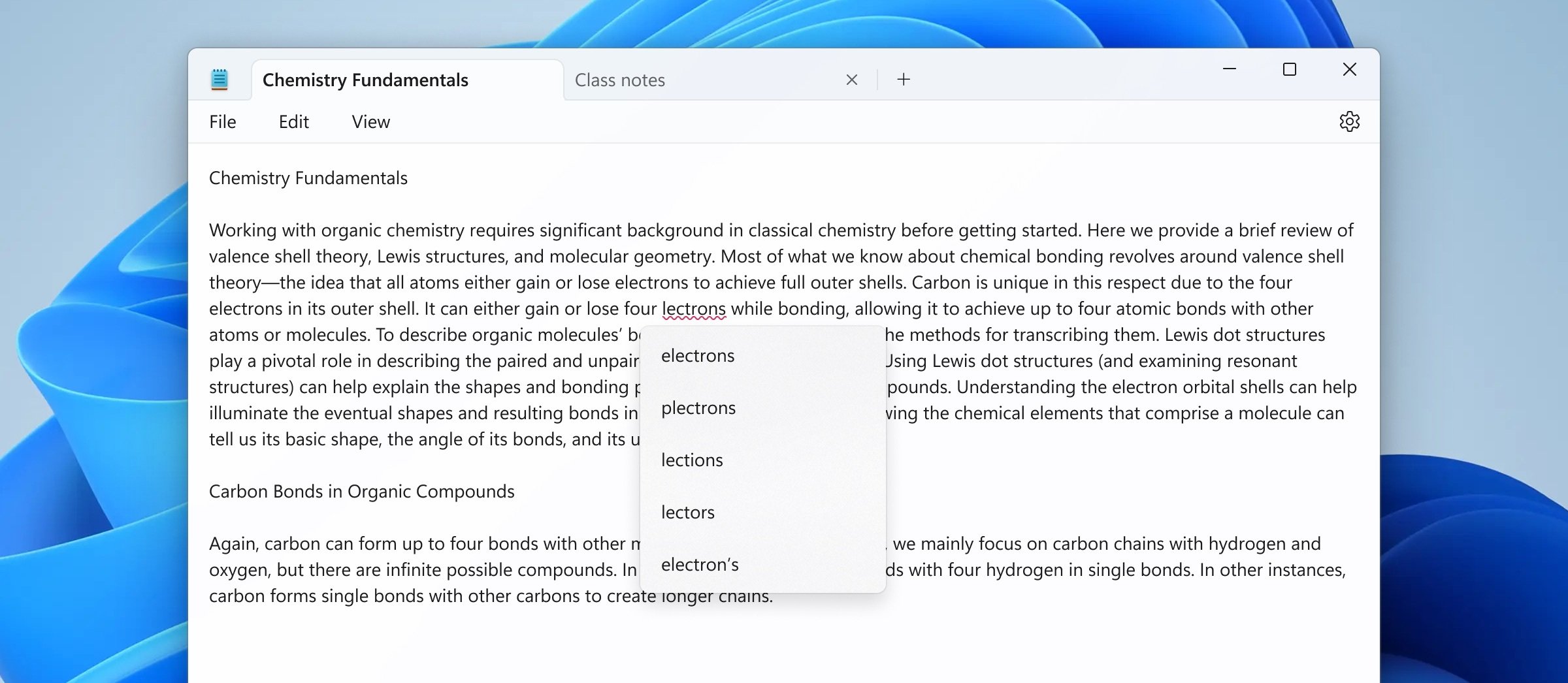screenshot on Windows 11 of spellcheck being used in the Notepad app